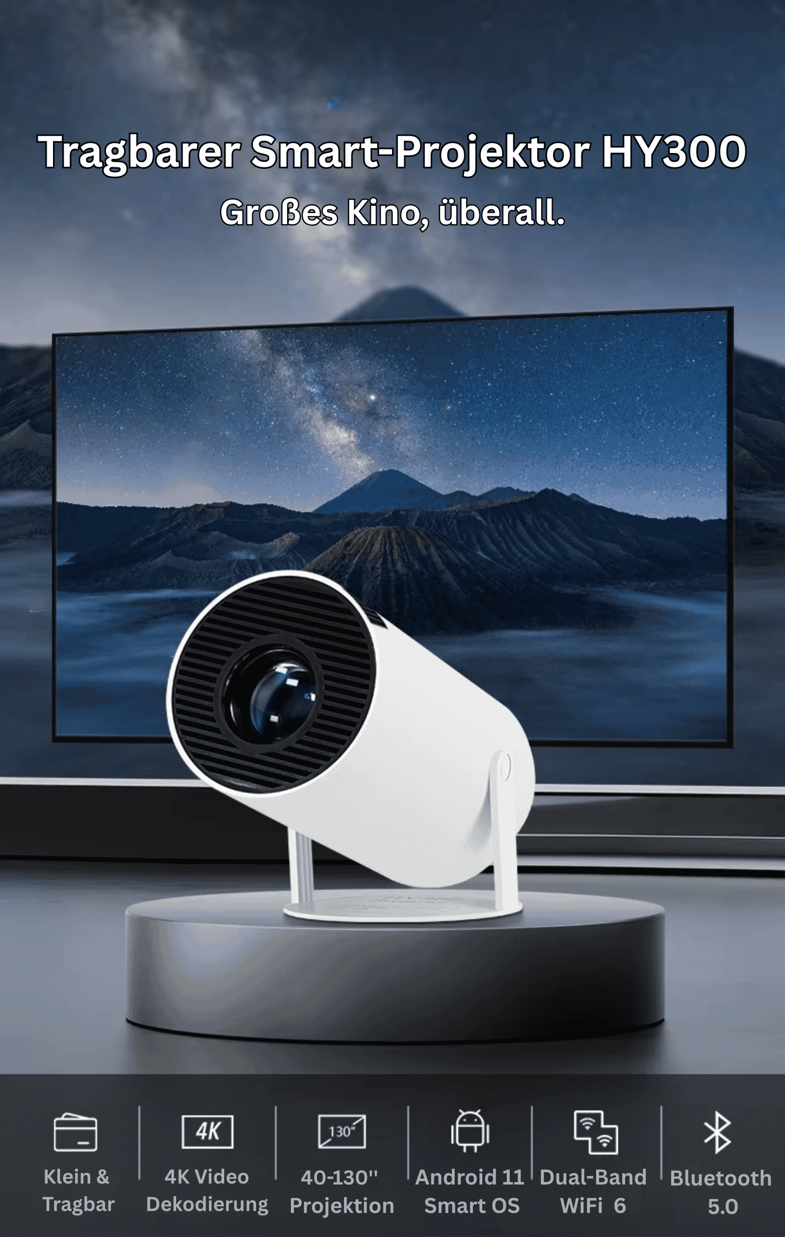 HY300 Pro Portable Smart Projector (180° Rotation)