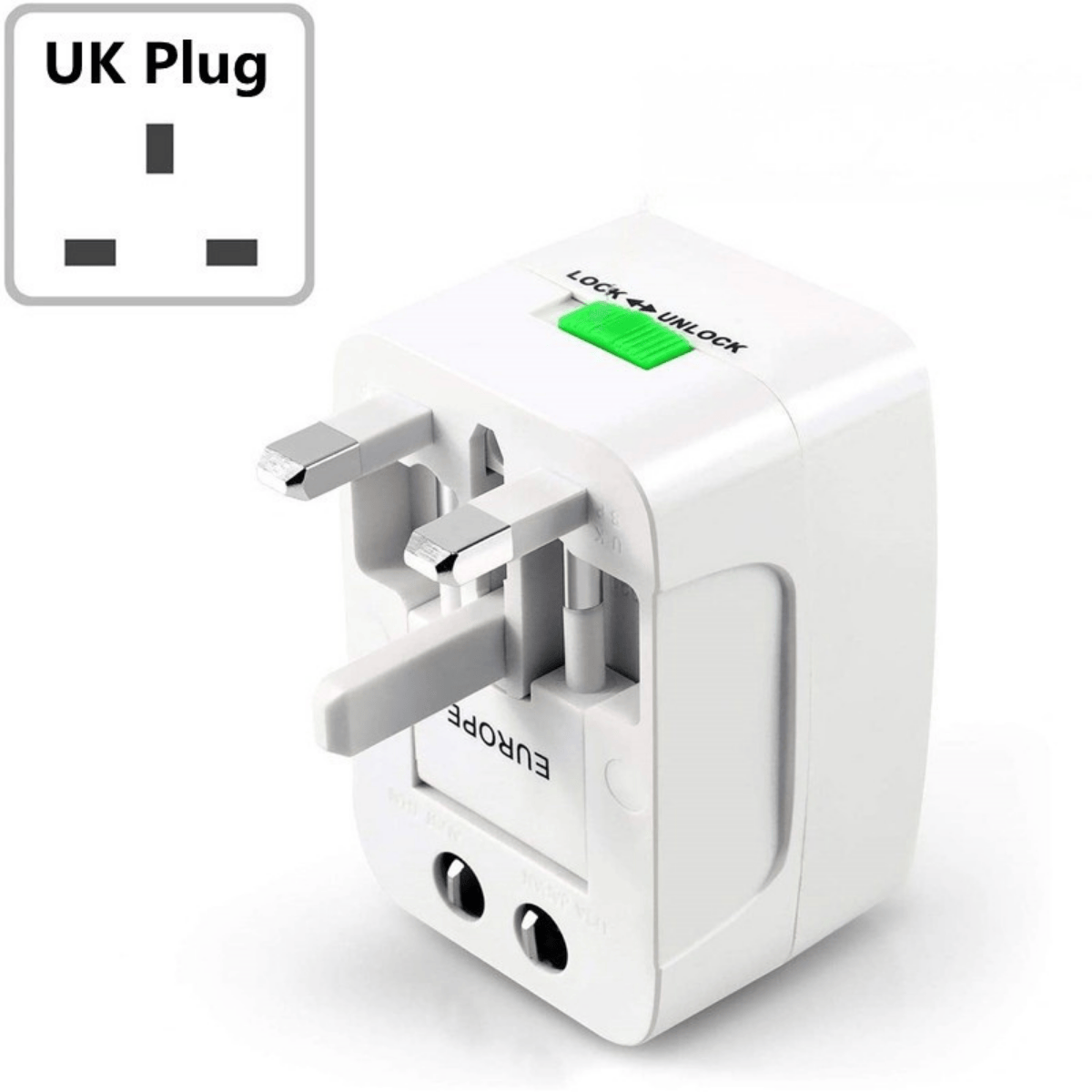 White travel adapter with UK plug on a white background