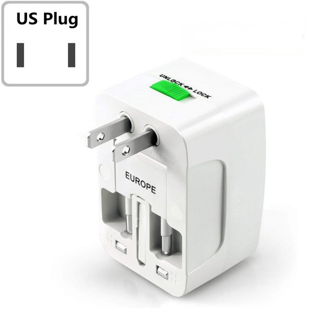 White travel adapter with US plug on a white background