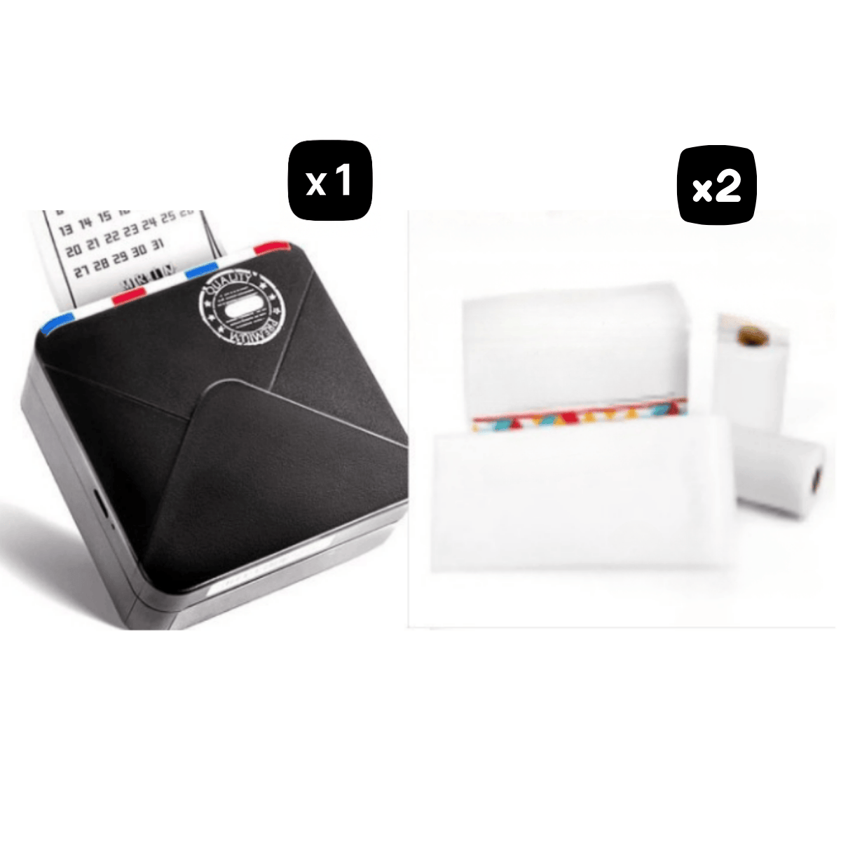 Black mini printer and two white paper rolls on a white background
