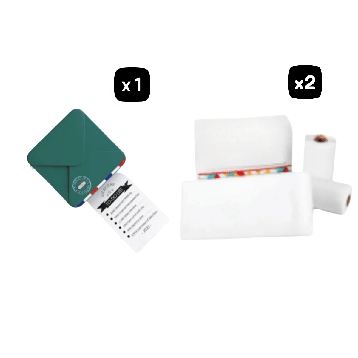 dark green mini printer and two white paper rolls on a white background