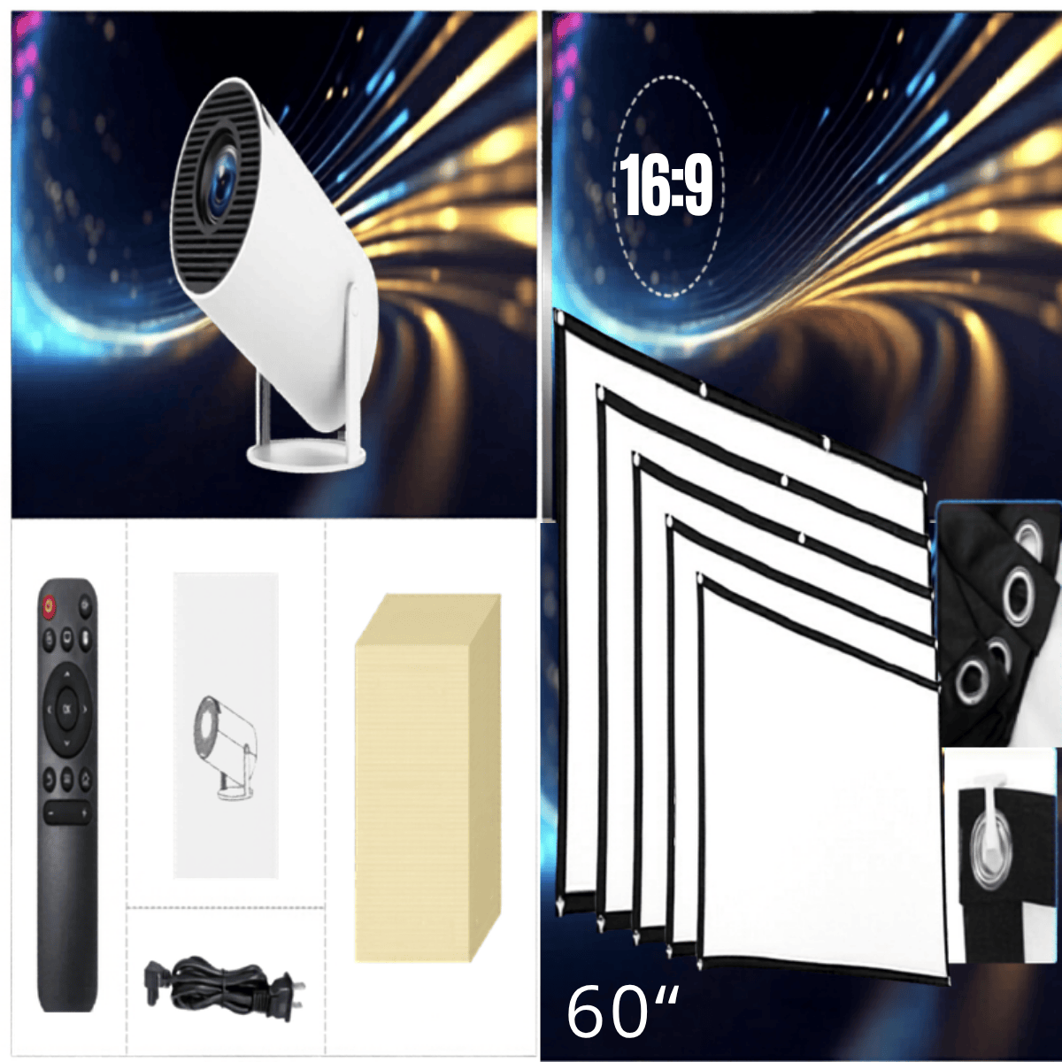 Collage of a white projector, remote control, power adapter, and a 60" screen with 16:9 aspect ratio on a dynamic background.