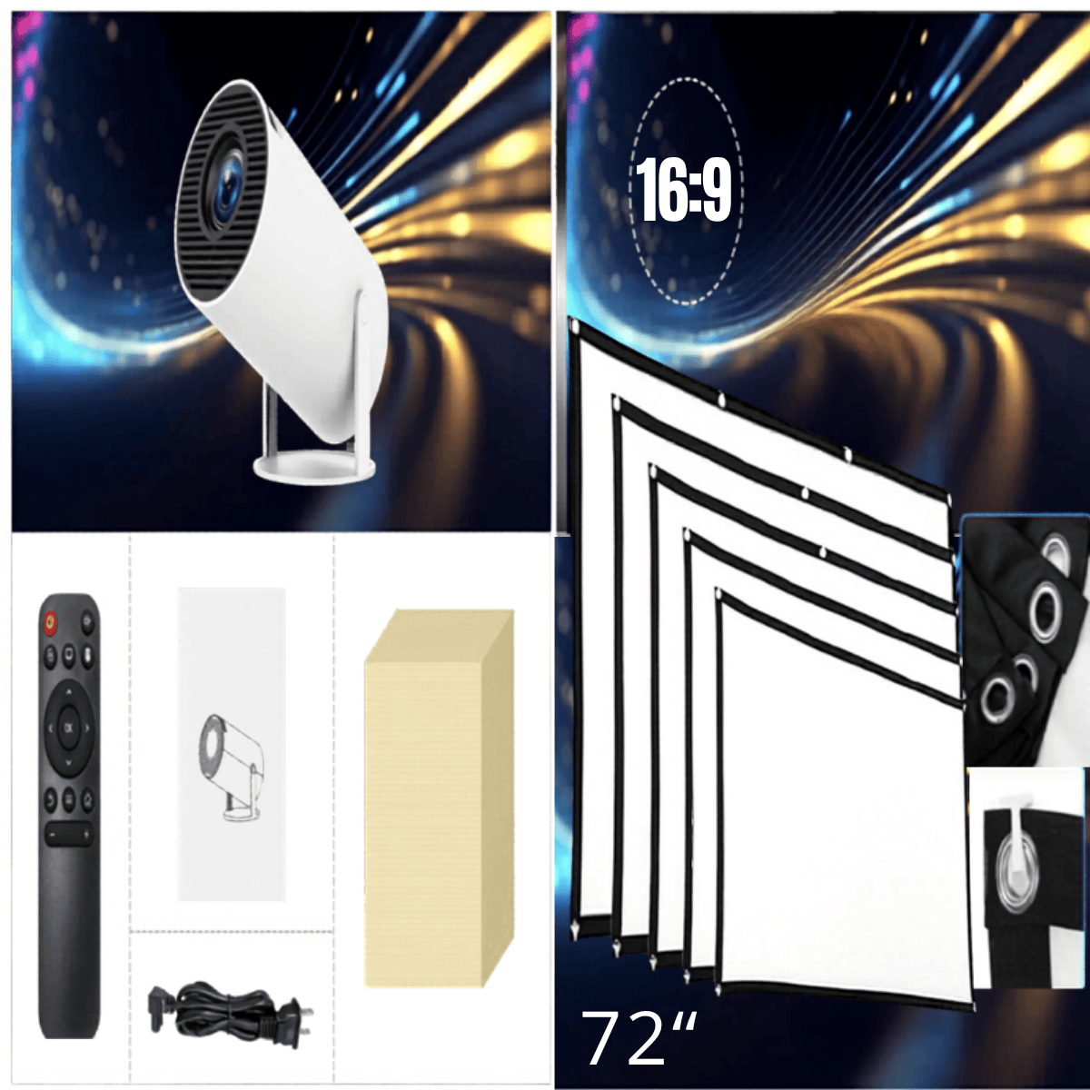 Collage of a white projector, remote control, power adapter, and 72" screen with 16:9 aspect ratio on a dynamic background.