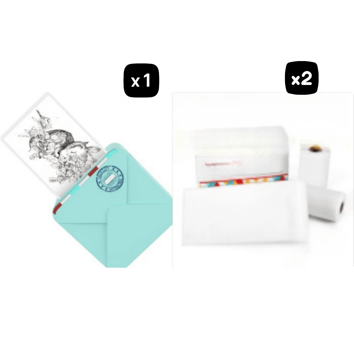 mint green mini printer and two white paper rolls on a white background