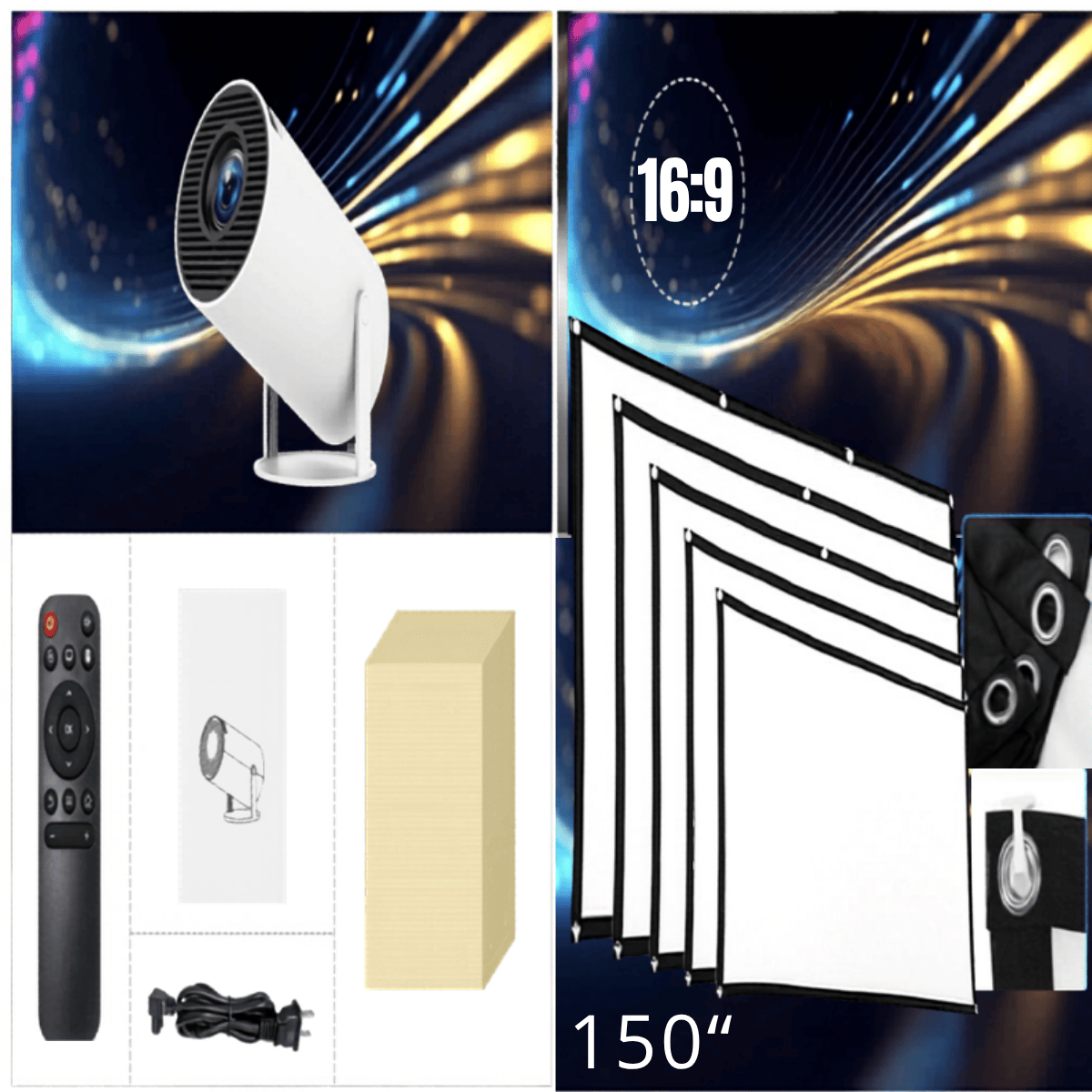 Collage of a white projector, remote control, power adapter, and a 150" screen with 16:9 aspect ratio on a dynamic background.