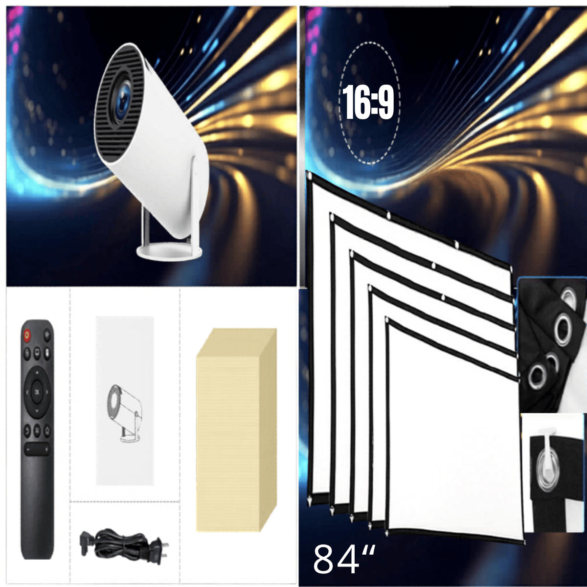 Collage of a white projector, remote control, power adapter, and a 84" screen with 16:9 aspect ratio on a dynamic background.