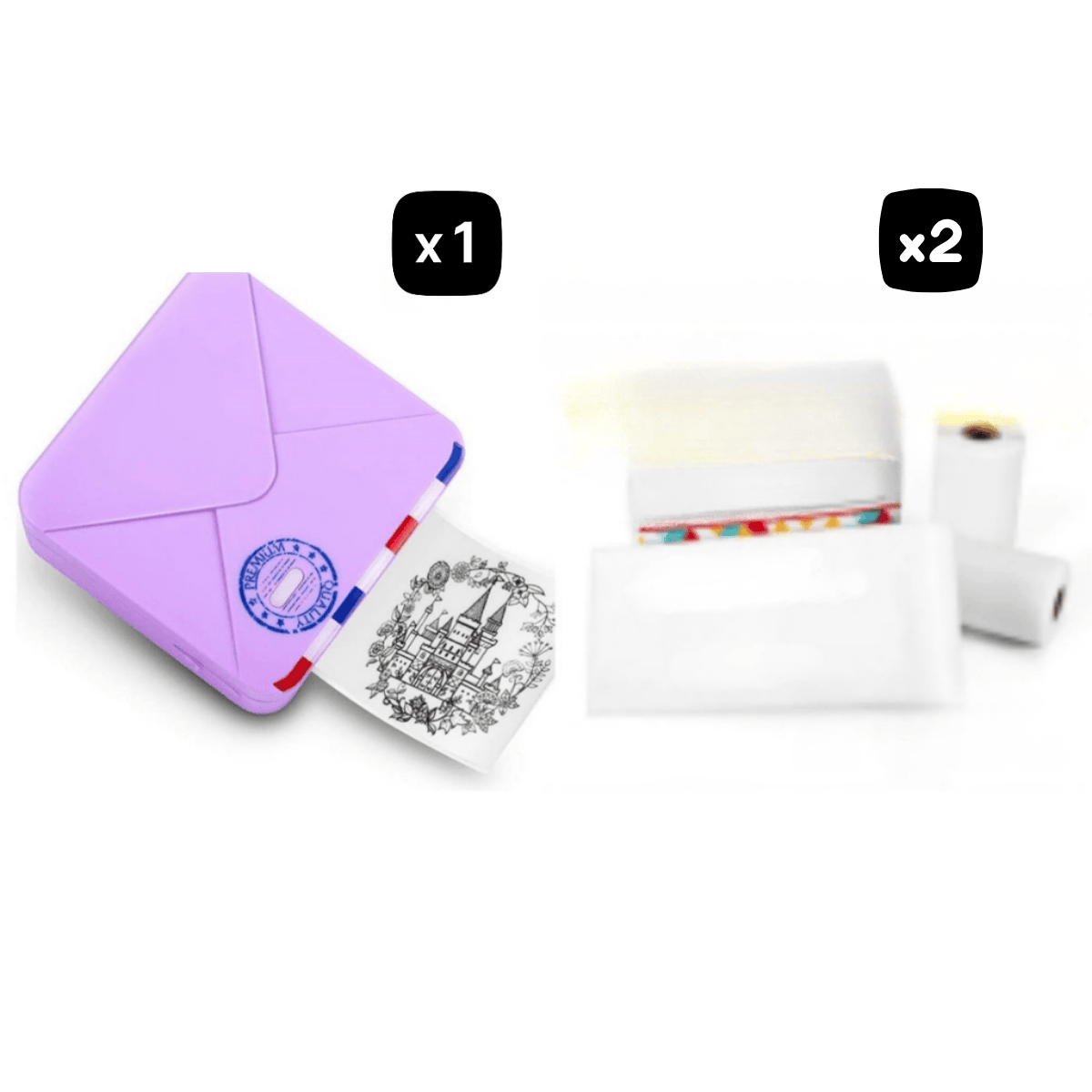 Pink mini printer and two white paper rolls on a white background