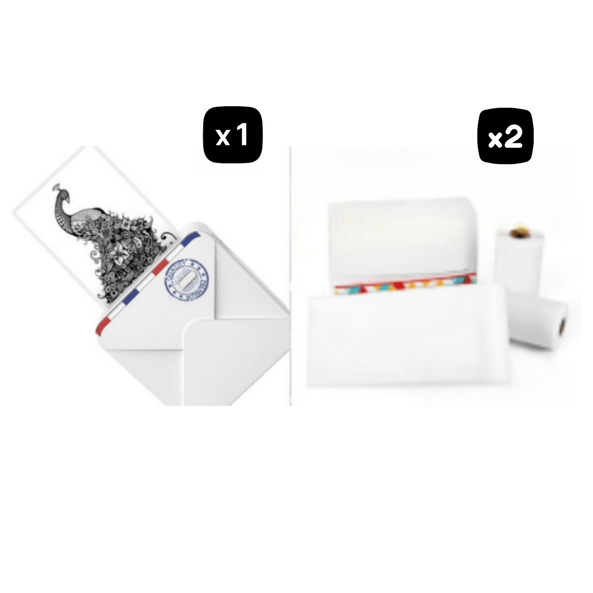 White mini printer and two white paper rolls on a white background